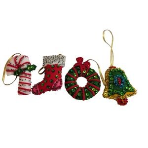 VTG Bucilla Felt Sequins Christmas  Ornaments Candy Cane Wreath Bell Stocking‎
